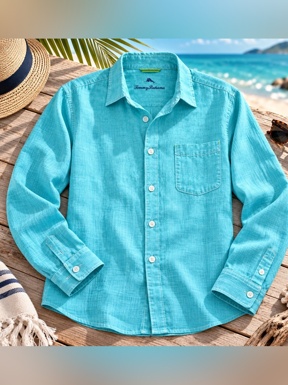 Tommy Bahama Sea Glass Breezer Linen Shirt Men’s XL Lawn Chair Aqua - Picture 3 of 9